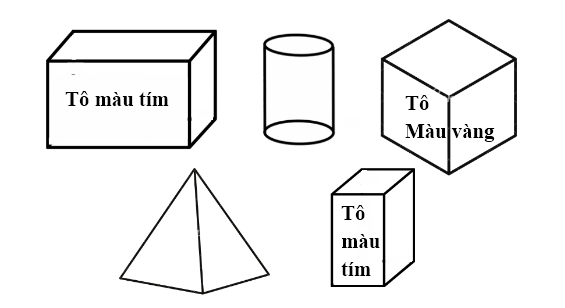 Tô màu vàng vào khối lập phương, tô màu tím vào khối hộp chữ nhật. (ảnh 2)