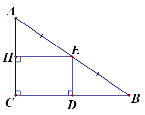 Cho tam giác ABC vuông tại C (CB > CA), với E là trung điểm của AB. Từ E kẻ ED vuông góc với BC (D thuộc BC), EH vuông góc với AC (H thuộc AC) (ảnh 1)