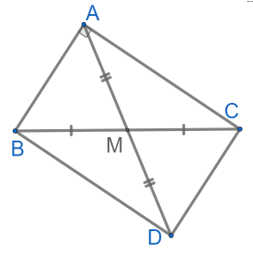 Cho tam giác ABC  vuông tại A, M là trung điểm của BC. Trên tia đối của tia MA lấy điểm D sao cho AM = MD.  a) Chứng minh tam giác AMB = tam giác DMC (ảnh 1)