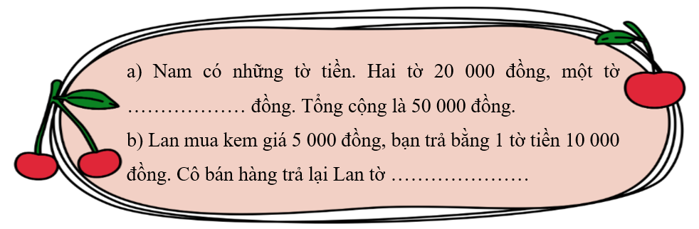 Điền số thích hợp vào chỗ chấm. a) Nam có những tờ tiền. Hai tờ 20 000 đồng, một tờ ……………… đồng. Tổng cộng là 50 000 đồng. (ảnh 1)