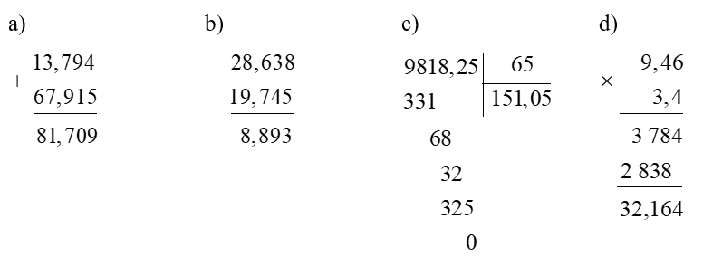 Đặt tính rồi tính: a) 13,794 + 67,915 ……………… b) 28,638 – 19,745 (ảnh 1)