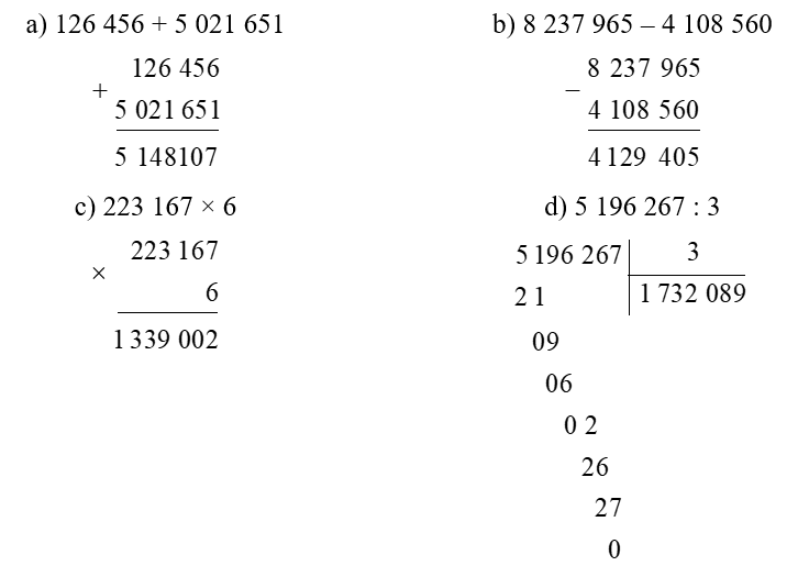 Đặt tính rồi tính:   a) 126 456 + 5 021 651 (ảnh 1)