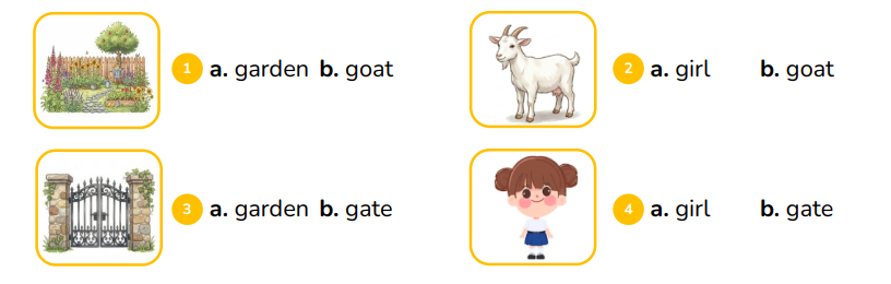 Look and choose.         a. garden b. goat (ảnh 1)