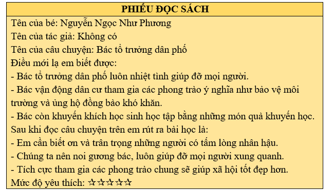 Em hãy đọc to câu chuyện và hoàn thành phiếu đọc sách: Bác tổ trưởng dân phố Em rất yêu quý bác tổ trưởng dân phố. Bác không chỉ (ảnh 2)