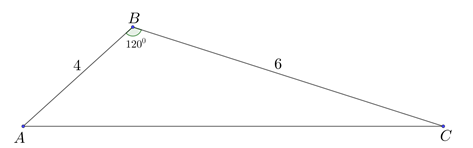 Cho tam giác ABC có AB = 4, BC = 6, góc {ABC} = 120 độ (tham khảo hình vẽ bên dưới) Tính độ dài cạnh AC và độ dài đường cao BH của tam giác ABC (ảnh 1)
