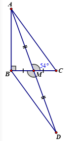 Cho tam giác ABC vuông tại B có AM là đường trung tuyến và góc C = 54 độ.       a. Tính số đo góc A b)      b.  Trên tia đối của tia MA lấy điểm D sao cho AM = MD Chứng minh tam giác AMC = tam giác DMB và AC = BD (ảnh 1)