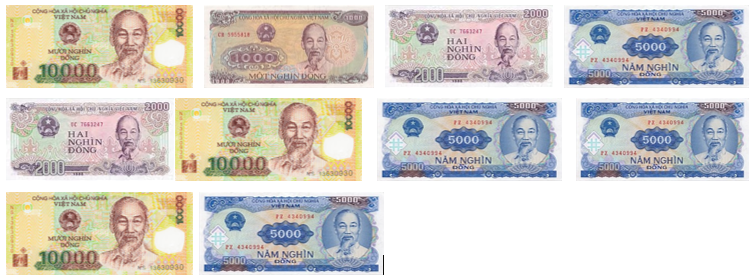 Hoàn thiện chỗ chấm sau. Trong ví có những tờ tiền sau. a) Tổng số tiền là: …………………………… b) Có tất cả ….. tờ tiền (ảnh 1)