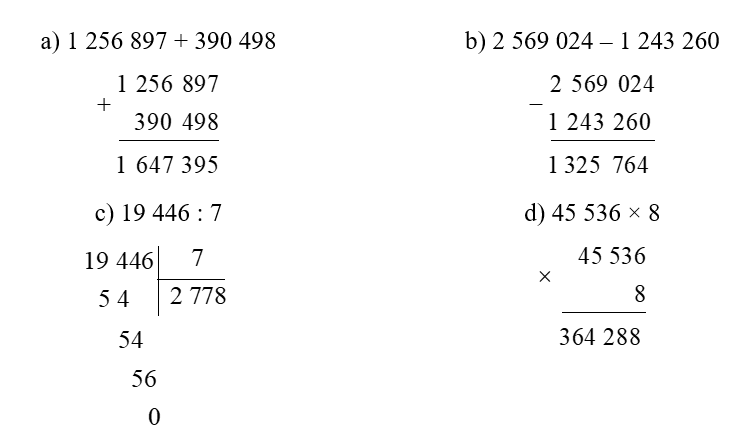 Đặt tính rồi tính:    a) 1 256 897 + 390 498     b) 2 569 024 – 1 243 260 (ảnh 1)