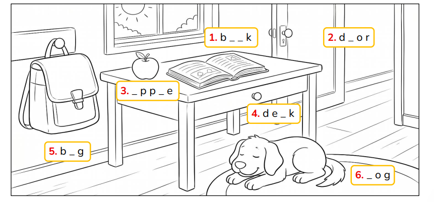 Complete the words and colour the picture. b _ _ k   (ảnh 1)