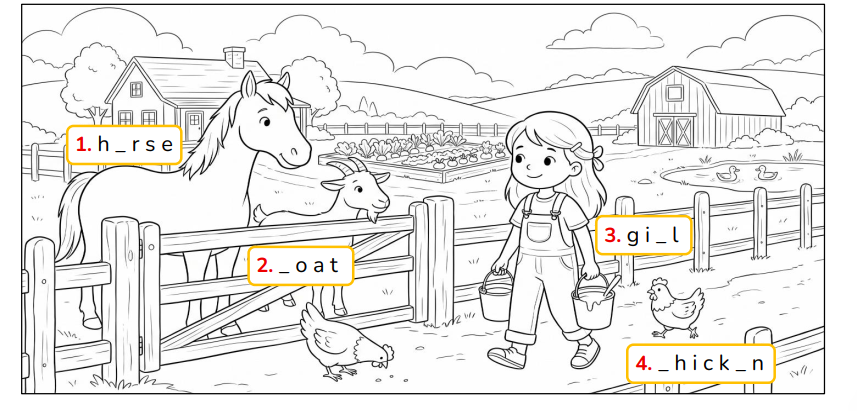 Complete the words and colour the picture. h _ r s e (ảnh 1)