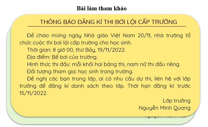 Em hãy viết một thông báo của lớp về việc đăng kí tham gia một cuộc thi cấp trường. (ảnh 1)