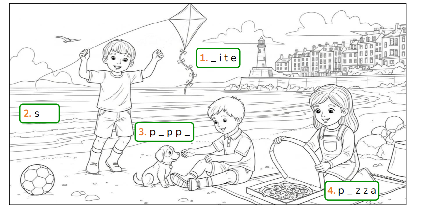 Complete the words and colour the picture. _ i t e  (ảnh 1)
