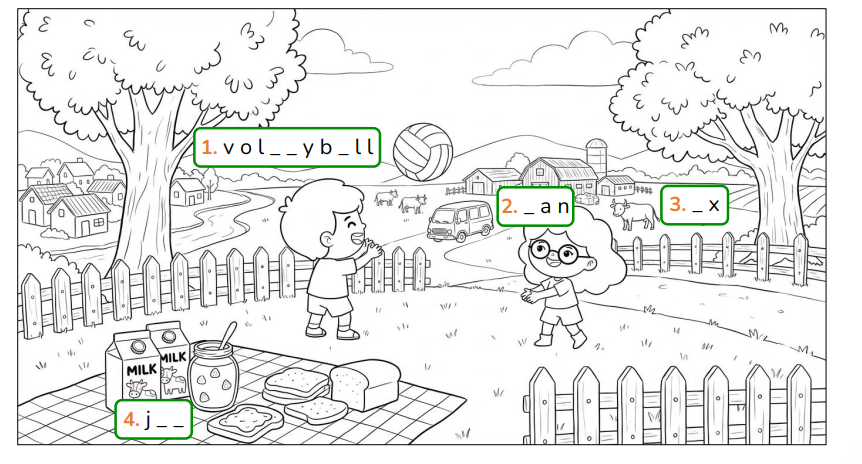 Complete the words and colour the picture.  v o l _ _ y b _ l l  (ảnh 1)