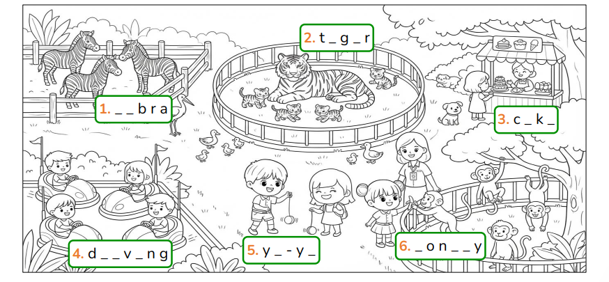 Complete the words and colour the picture.  _ _ b r a  (ảnh 1)