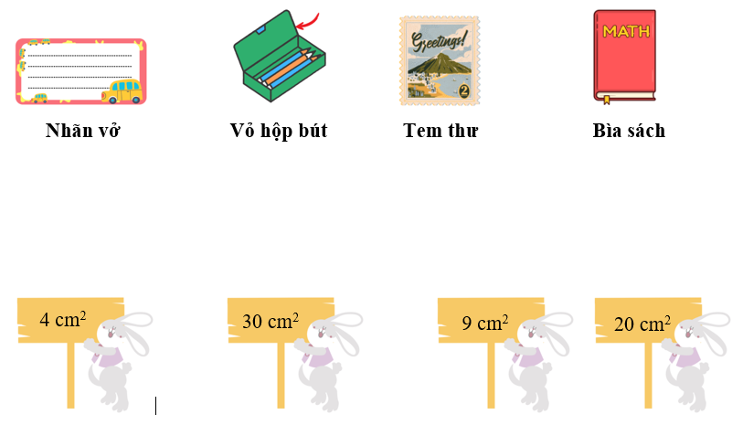 Nối.  	Nhãn vở		 Vỏ hộp bút		    Tem thư			Bìa sách (ảnh 1)