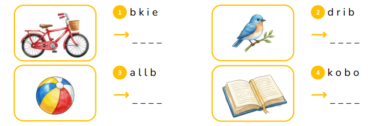 Reorder the letters.  b k i e   _ _ _ _ (ảnh 1)
