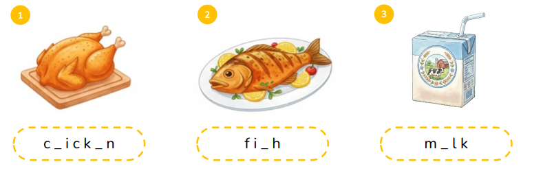 Complete the words.  c _ i c k _ n  (ảnh 1)