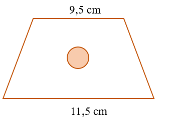 Một mảnh đất hình thang có độ dài hai đáy lần lượt là 9,5 m và 11,5 m; chiều cao bằng trung bình cộng của hai đáy. Ở giữa mảnh đất, người ta xây một bồn hoa dạng hình tròn có chu vi là 6,28 m. (ảnh 1)