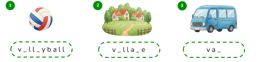 Complete the words.  v _ l l _ y b a l l  (ảnh 1)