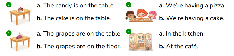 Look, read and choose.  a. The candy is on the table. b. The cake is on the table.  (ảnh 1)