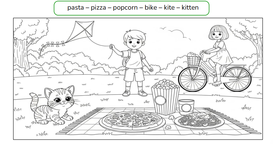 Find and colour.   pasta – pizza – popcorn  (ảnh 1)
