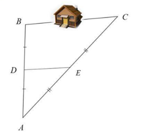 1) Cho hình vẽ bên. Tính khoảng cách giữa hai điểm B và C, biết DE = 21,3m  2) Cho tam giác ABC có M là trung điểm của cạnh BC. Trên đoạn thẳng AM lấy điểm G sao cho GA = 2GM.  (ảnh 1)