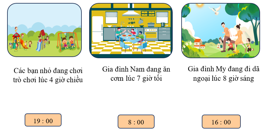 Tìm đồng hồ chỉ thời gian thích hợp với mỗi bức tranh (ảnh 1)