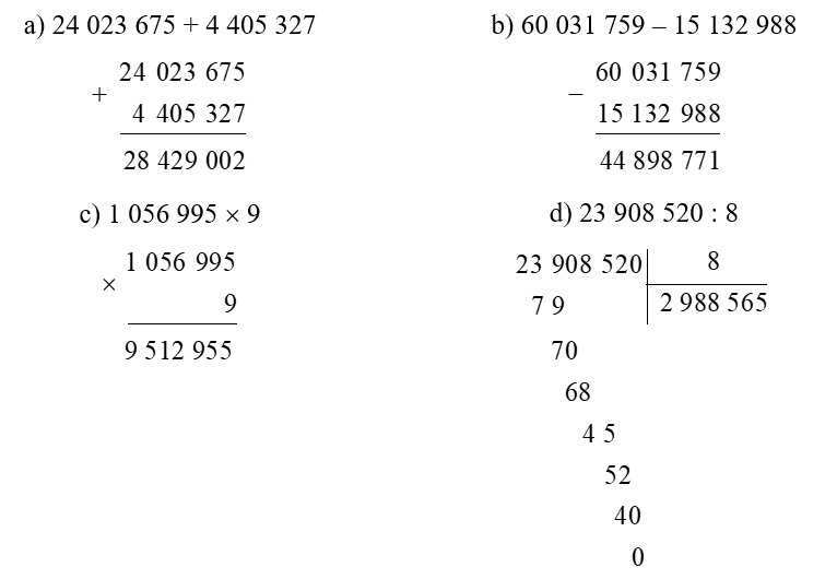 Đặt tính rồi tính:   a) 24 675 + 45 327   b) 601 759 – 1 988 (ảnh 1)