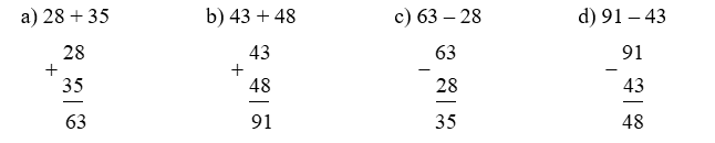 Đặt tính rồi tính:   a) 28 + 35     b) 43 + 48 (ảnh 1)