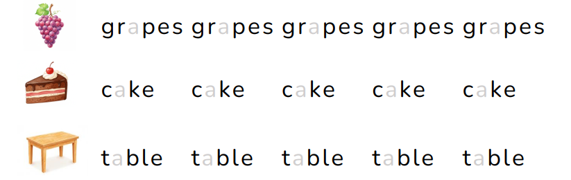 Trace the letters.   viết theo mẫu  grapes cake (ảnh 1)