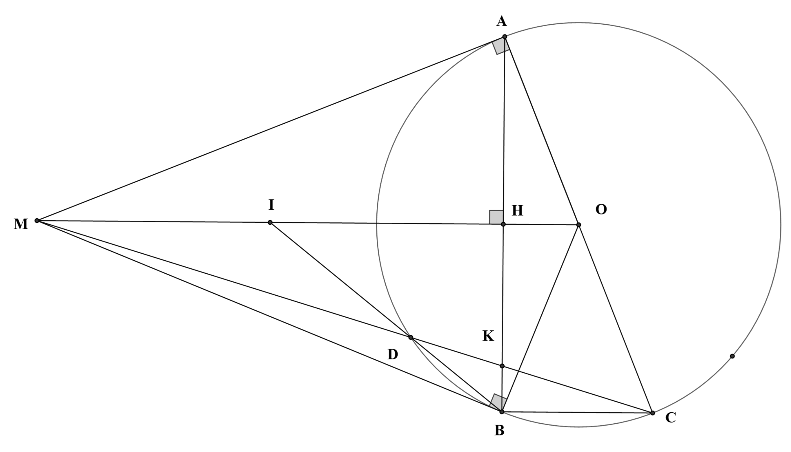 Suy ra \[\widehat {CLB} = \widehat {HLM}\]v\[LM\] n&ecirc;n \(M,B,L\) thẳng h&agrave;ng. (ảnh 2)