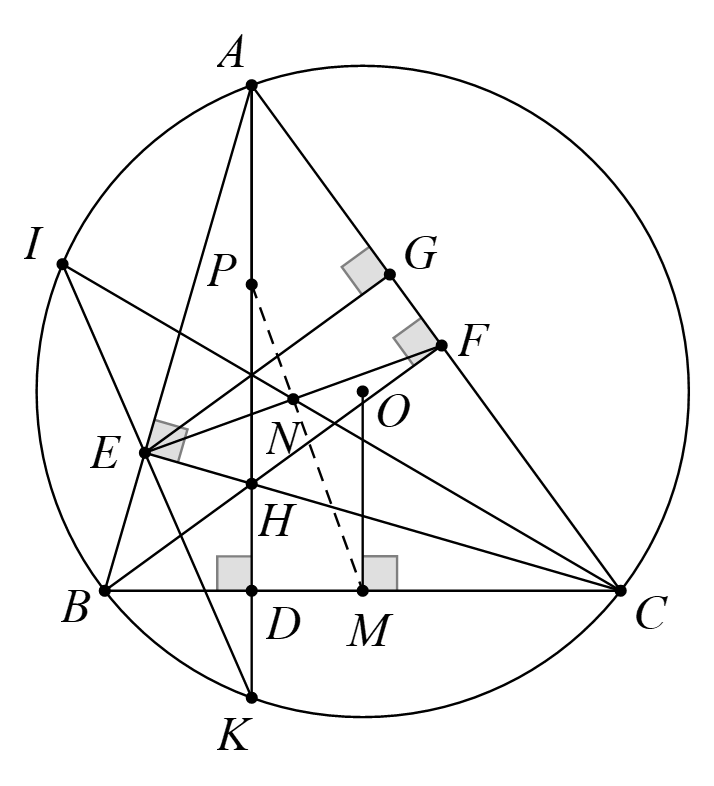 Từ \(\left( 3 \right)\) v&agrave; \(\left( 4 \right)\) suy ra \(N \in PM\) hay ba điểm \(M,N,P\) thẳng h&agrave;ng. (Đpcm) (ảnh 1)