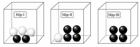 C&oacute; 3 hộp đựng bi: Hộp I c&oacute; 3 bi trắng v&agrave; 2 bi đen. Hộp II c&oacute; 1 bi trắng v&agrave; 4 bi đen. Hộp III c&oacute; 4 bi đen.     Người ta gieo một con x&uacute;c xắc c&acirc;n đối, đồng chất.  (ảnh 1)