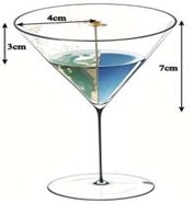 a) Một cái ly thủy tinh như hình vẽ 1, phần phía trên có hình dạng là mặt xung quanh của hình nón (không có đáy) với chiều cao 7 cm, đường tròn đáy có bán kính 4 cm. Biết rằng trong ly đang chứa nước với mức nước đang cách miệng ly là 3 cm.  (ảnh 1)