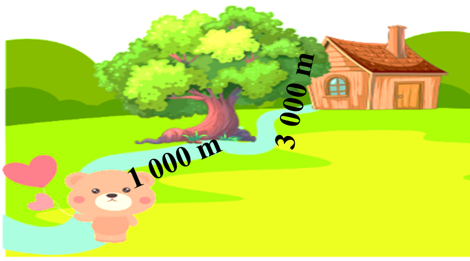 Dựa vào tranh, viết số thích hợp vào ô trống.     Gấu cần đi ... km  để đến cây cổ thụ. Từ cây cổ thụ gấu đi ...  km để về nhà.Vậy quãng đường gấu về đến nhà là  ... km (ảnh 1)