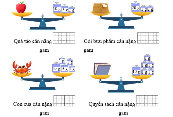 Điền số thích hợp vào ô trống: Quả táo cân nặng ... gam (ảnh 1)