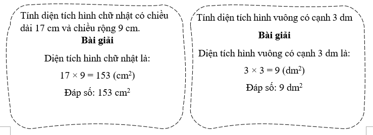 Giải các bài toán sau. Tính diện tích hình chữ nhật có chiều dài 17 cm và chiều rộng 9 cm. (ảnh 2)