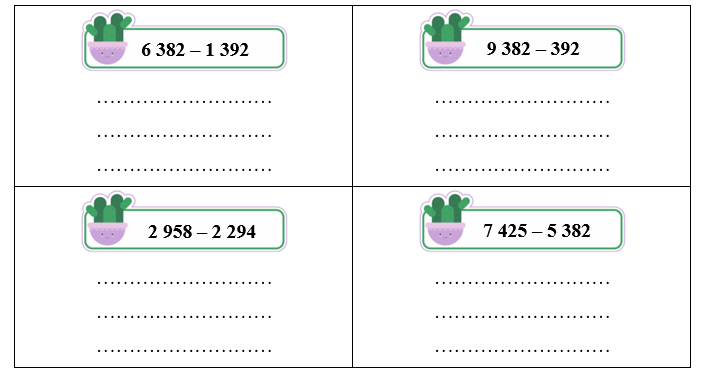 Đặt tính rồi tính. 6 382 – 1 392 (ảnh 1)