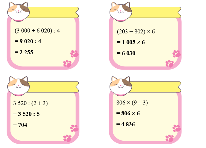 Tính giá trị biểu thức  (3 000 + 6 020) : 4 = ……………………. = ……………………. (ảnh 2)