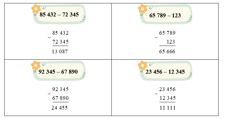 Đặt tính rồi tính.  85 432 – 72 345 (ảnh 2)