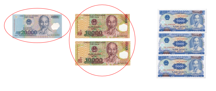 Khoanh vào đáp án đúng. Bố đi siêu thị mua 1 kg táo hết 30 000 đồng và mua 1 kg nho hết 50 000 đồng. Bố đưa cho nhân viên thu ngân 100 000 đồng. Khoanh vào những cách nhân viên thu ngân có thể trả lại tiền thừa cho bố. (ảnh 2)