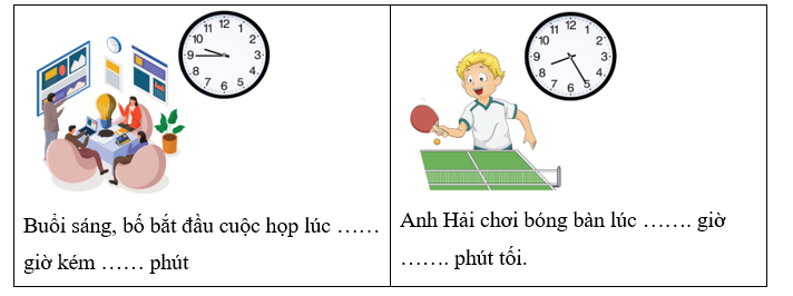 Điền số thích hợp vào chỗ chấm.   Buổi sáng, bố bắt đầu cuộc họp lúc …… giờ kém …… phút	  Anh Hải chơi bóng bàn lúc ……. giờ ……. phút tối. (ảnh 1)