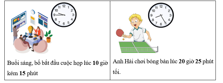 Điền số thích hợp vào chỗ chấm.   Buổi sáng, bố bắt đầu cuộc họp lúc …… giờ kém …… phút	  Anh Hải chơi bóng bàn lúc ……. giờ ……. phút tối. (ảnh 2)