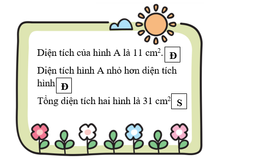 Đúng ghi Đ, sai ghi S. Diện tích của hình A là 11 cm^2  (ảnh 2)