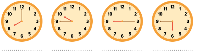 a) Viết “góc vuông”, “góc nhọn”, “góc tù” hoặc “góc bẹt” được tạo bởi hai kim đồng hồ vào chỗ chấm. (ảnh 2)