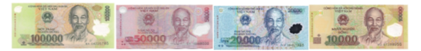 Nam mua một quyển sách tham khảo giá 54 000 đồng, mua 3 chiếc bút chì, mỗi chiếc giá 12 000 đồng. Nam đưa cho cô bán hàng tờ tiền 200 000 đồng.  Cô bán hàng có các tờ tiền với mệnh giá như hình trên  Vậy cô bán hàng có thể trả lại Nam những tờ tiền là:   (ảnh 1)