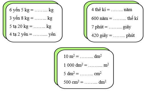 Điền số thích hợp vào chỗ chấm. 6 yến 5 kg = ……... kg 3 yến 8 kg = …….. kg (ảnh 1)