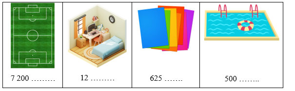 Điền số đo diện tích thích hợp.   7 200 ………	  12 ………	   625 …….	    500 …….. (ảnh 1)