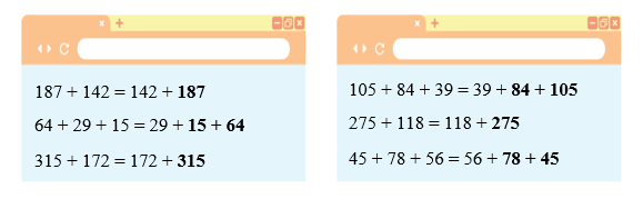 Điền số thích hợp vào chỗ chấm. 187 + 142 = 142 + ……. (ảnh 2)