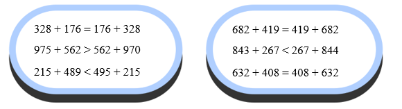 Điền dấu >, <, = vào chỗ chấm. 328 + 176 ……. 176 + 328 (ảnh 2)